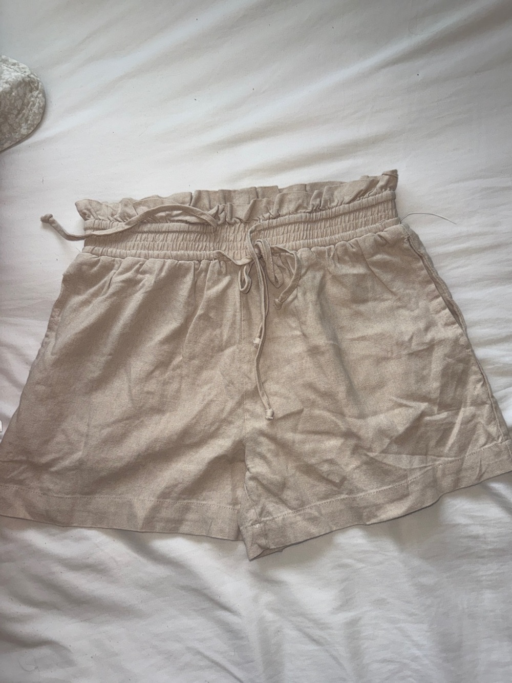 Vanilla Star Beige Paperbag Waist Drawstring Casual Shorts